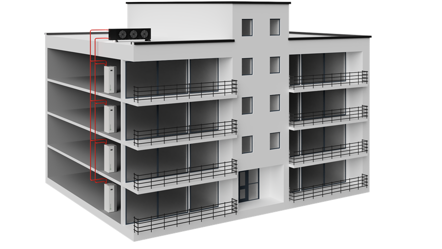 Zes warmtepompen op één collectieve drycooler